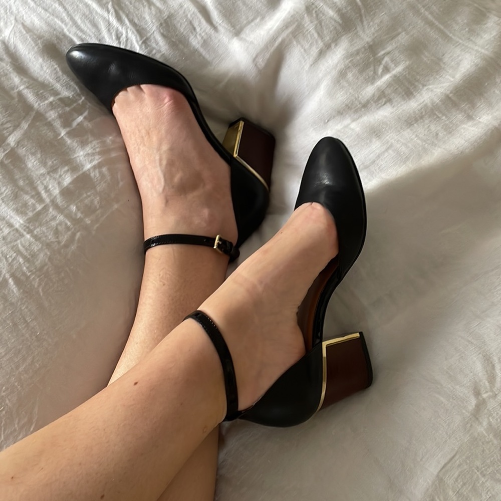 Calvin Klein black leather ankle strap block heels